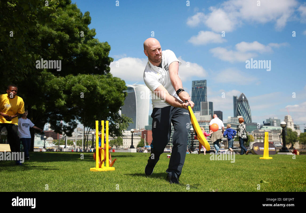 Former England cricketer Matt Prior plays cricket with schoolchildren