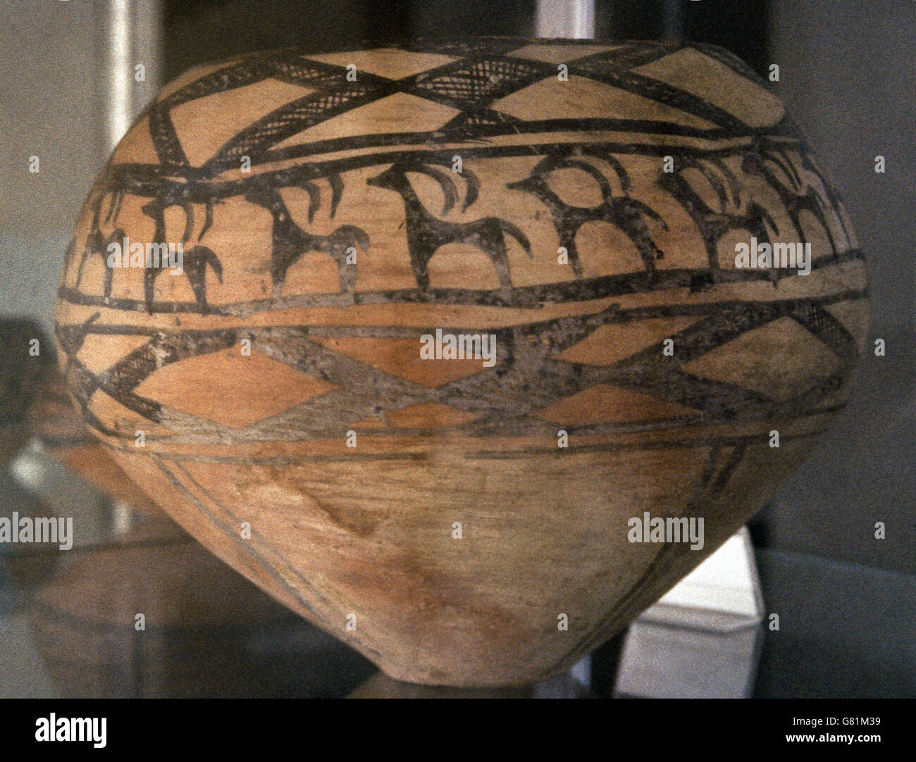 Pottery bowl with antelope figures found at Esmael Abad,  5th century Millenium BCE. Museum of Archaelogical Iran. Tehran. Iran. Stock Photo