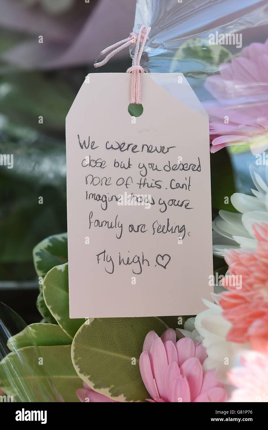Messages on flowers at the scene in Westfield Lane, Mansfield, where a body was found last night during the search for missing 13-year-old girl Amber Peat. Stock Photo