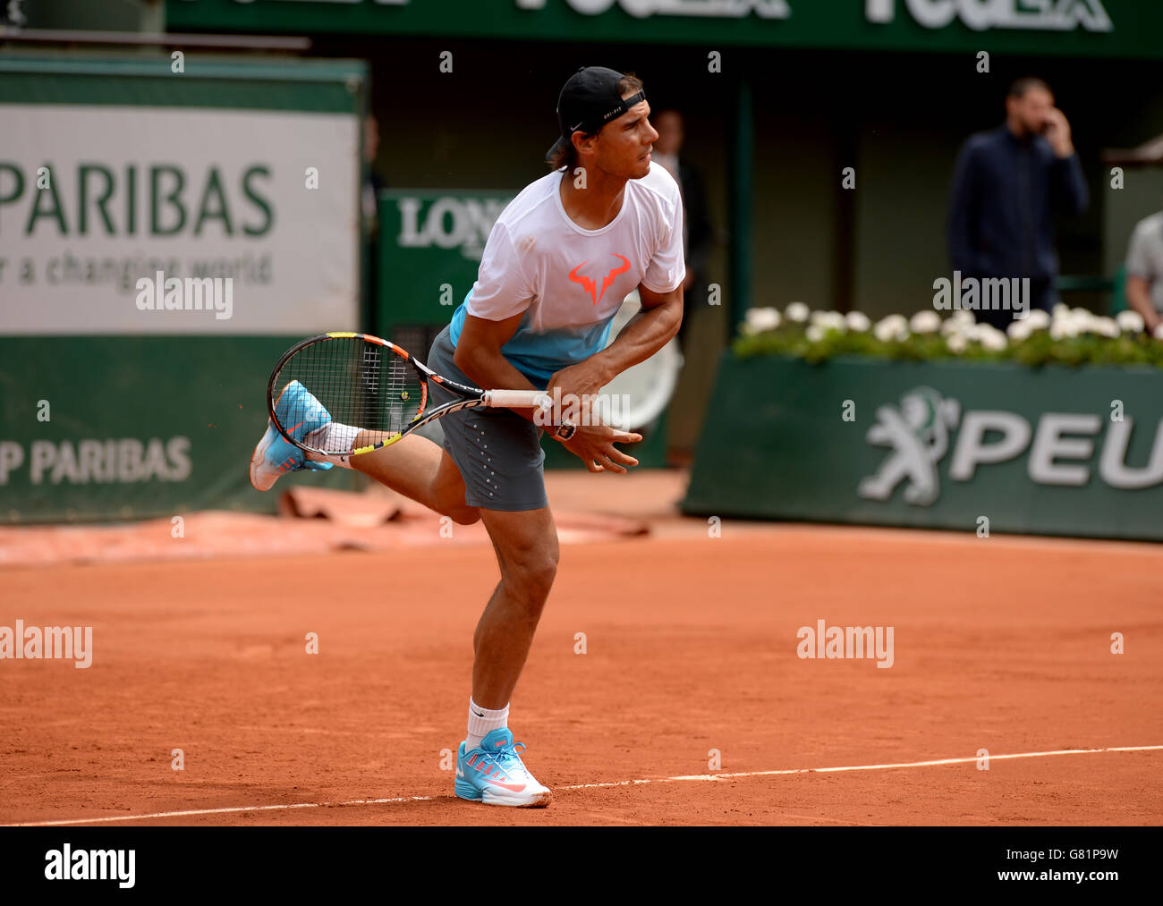 Tennis - 2015 French Open - Day Eleven - Roland Garros. Rafael Nadal during practice on day eleven of the French Open at Roland Garros on June 3, 2015 in Paris, France Stock Photo