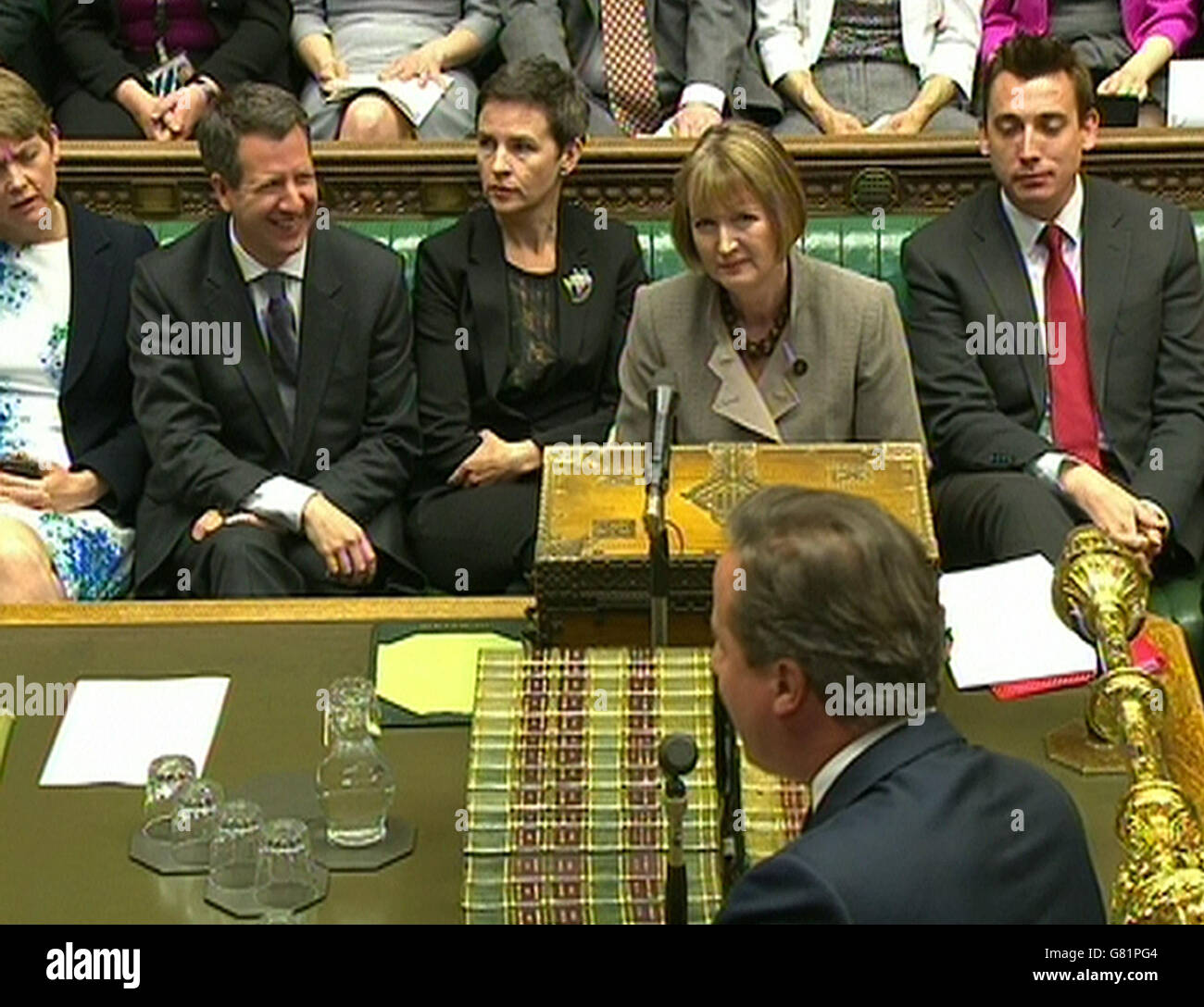 Labour Party front bench as Prime Minister David Cameron speaks during Prime Minister's Questions in the House of Commons, London. Stock Photo