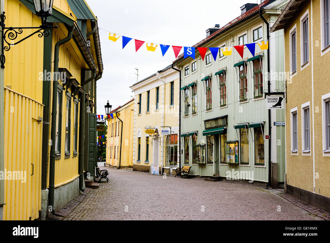 Soderkoping, Sweden - June 20, 2016: View along the street Storgatan in town. Lots of old buildings and fine shops. The street i Stock Photo