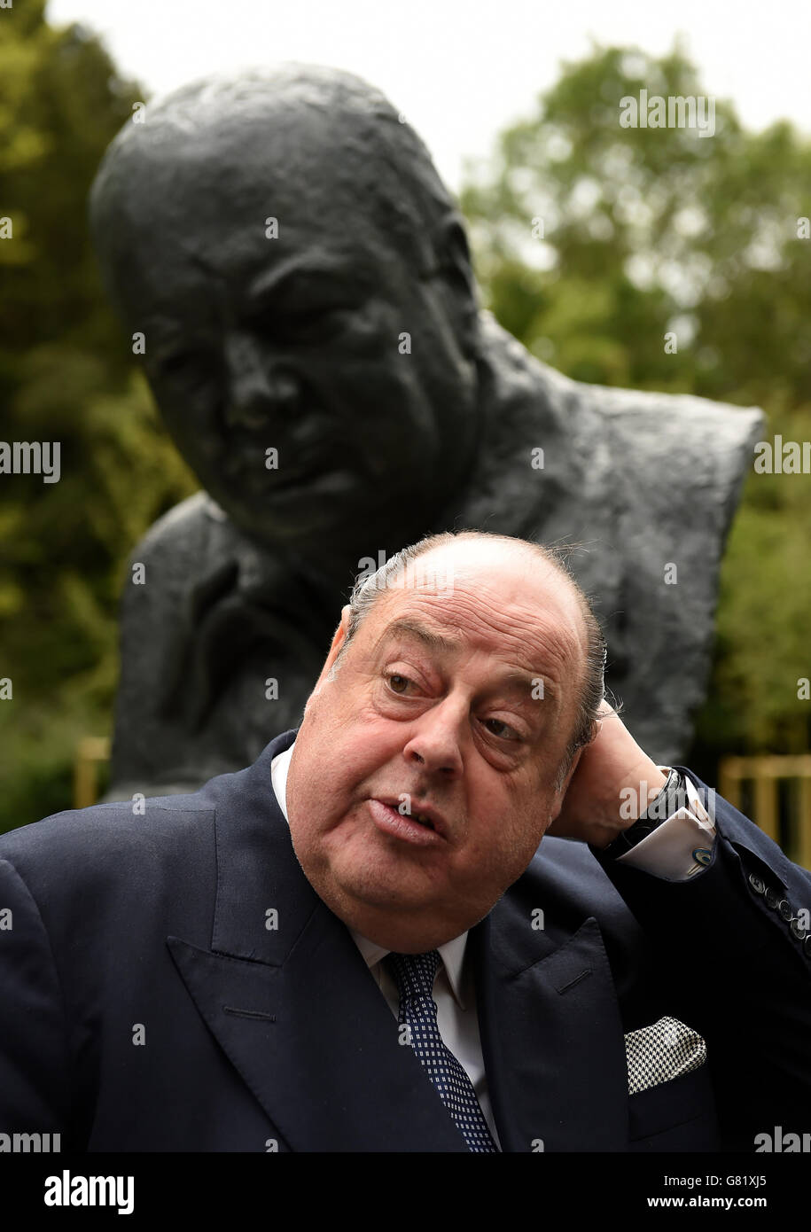 Sir Nicholas Soames MP after the unveiling of a bust of Sir Winston Churchill in the grounds of Blenheim Palace, Oxfordshire. Stock Photo