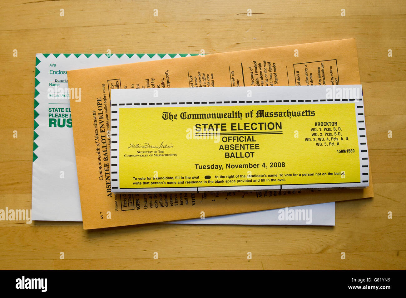 View of an absentee ballot for the November 4th 2008 elections in Massachusetts, 27 October 2008. Stock Photo