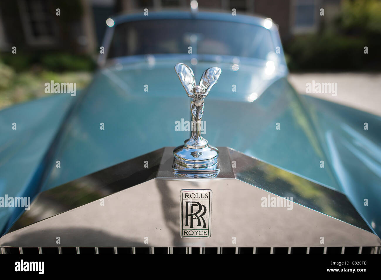 Detail of the front of a blue 1970s  Rolls Royce car. Stock Photo