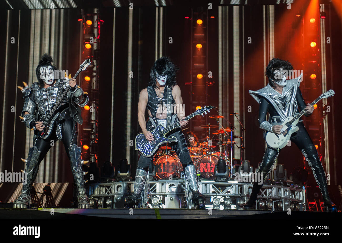 Gene Simmons, Tommy Thayer and Paul Stanley of Kiss performing live on day 3 of Download festival on June 14, 2015 in Donnington Park, United Kingdom Stock Photo