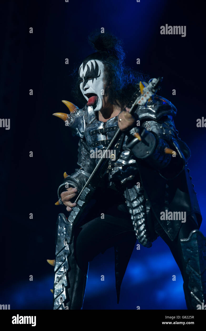 Gene Simmons of Kiss performing live on day 3 of Download festival on June 14, 2015 in Donnington Park, United Kingdom Stock Photo