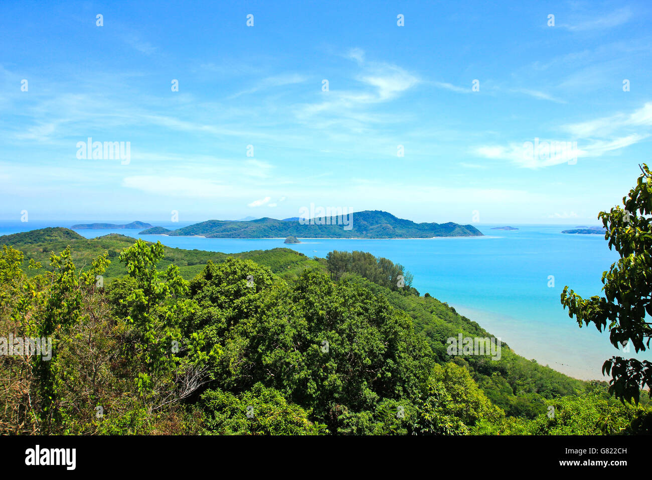 High angle view sea sky and seaside tourist town of Ao Chalong bay from