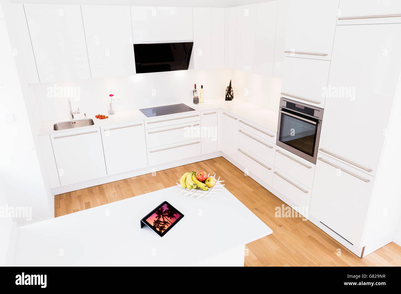 High angle view of modern white kitchen design Stock Photo