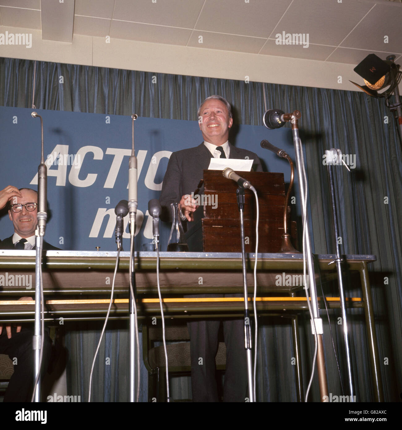 Edward Heath, Conservative Leader at a press conference after the General Election, which was won by Labour. Stock Photo