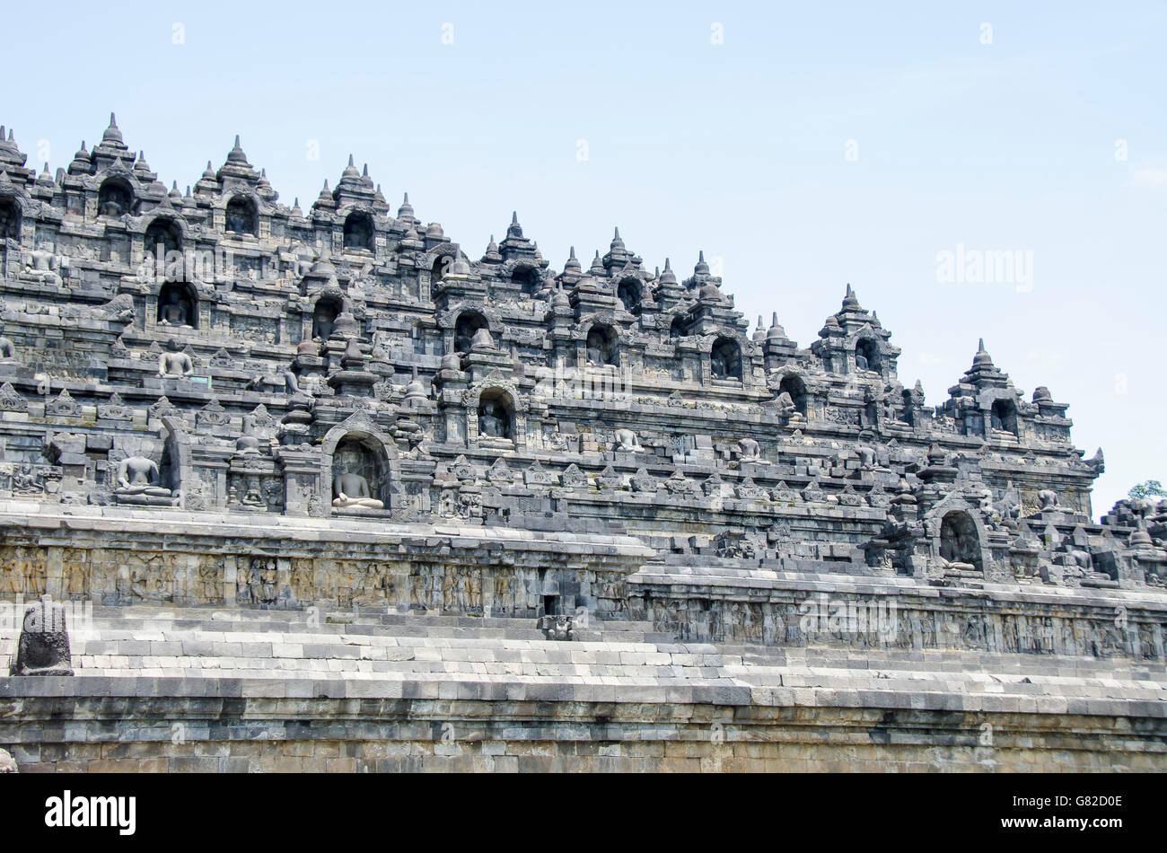 Exterior of Borobudur against clear sky Stock Photo