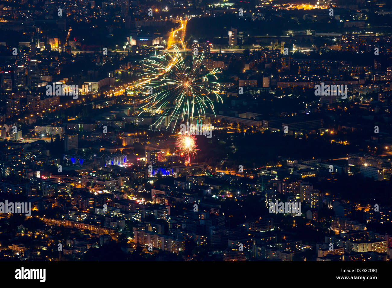 Bulgaria, Sofia, downtown at night with fireworks in summer Stock Photo Alamy