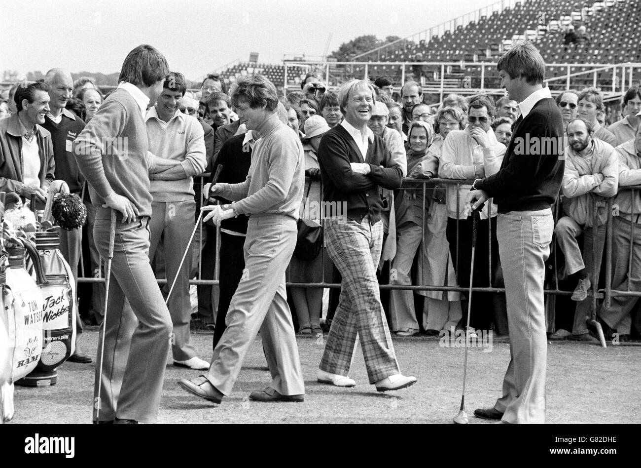 Two past champions, Tom Watson (centre left) and Jack Nicklaus (centre right), during the final day of practice. Stock Photo