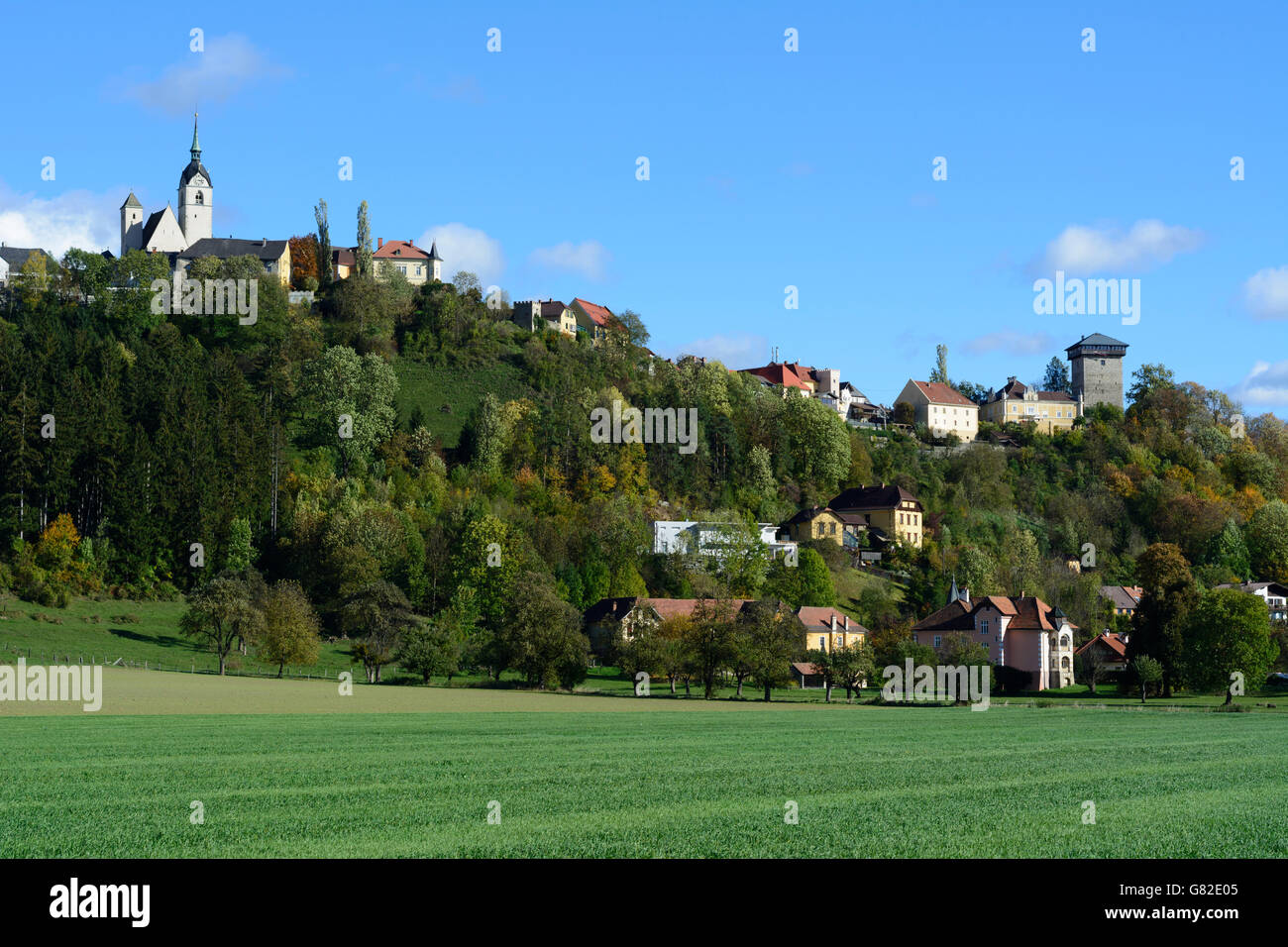 Castle, church and Anne Tower, Althofen, Austria, Kärnten, Carinthia, Stock Photo