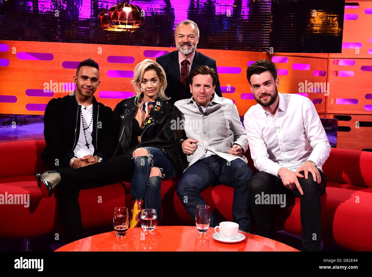 (Left - right) Lewis Hamilton, Rita Ora, Graham Norton, Ewan McGregor