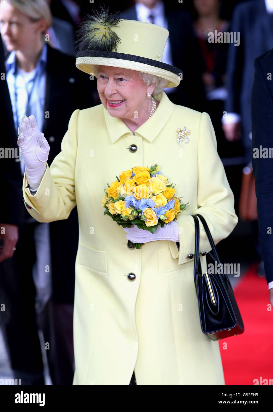 Queen Elizabeth II waves as she departs the Adlon Hotel in Berlin on the final day of a State Visit to Germany. Stock Photo