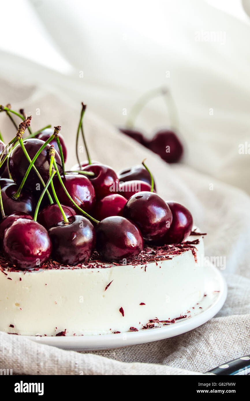 Bavarian mousse cake with cherries and dark chocolate on top. Made with cream cheese and whipped cream. Stock Photo