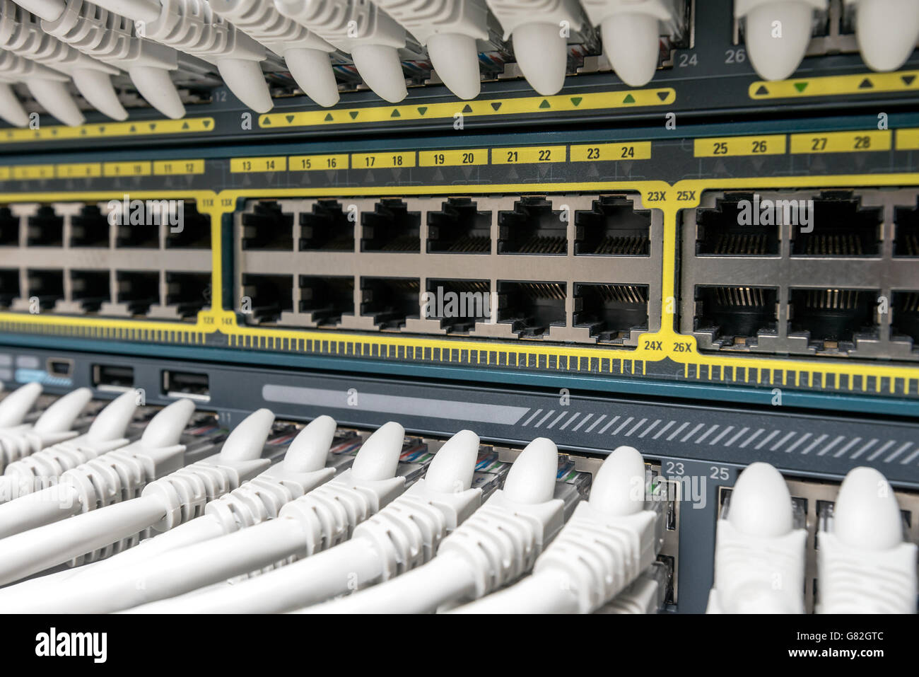 Network Gigabit Smart Switch with network cables installed in the rack