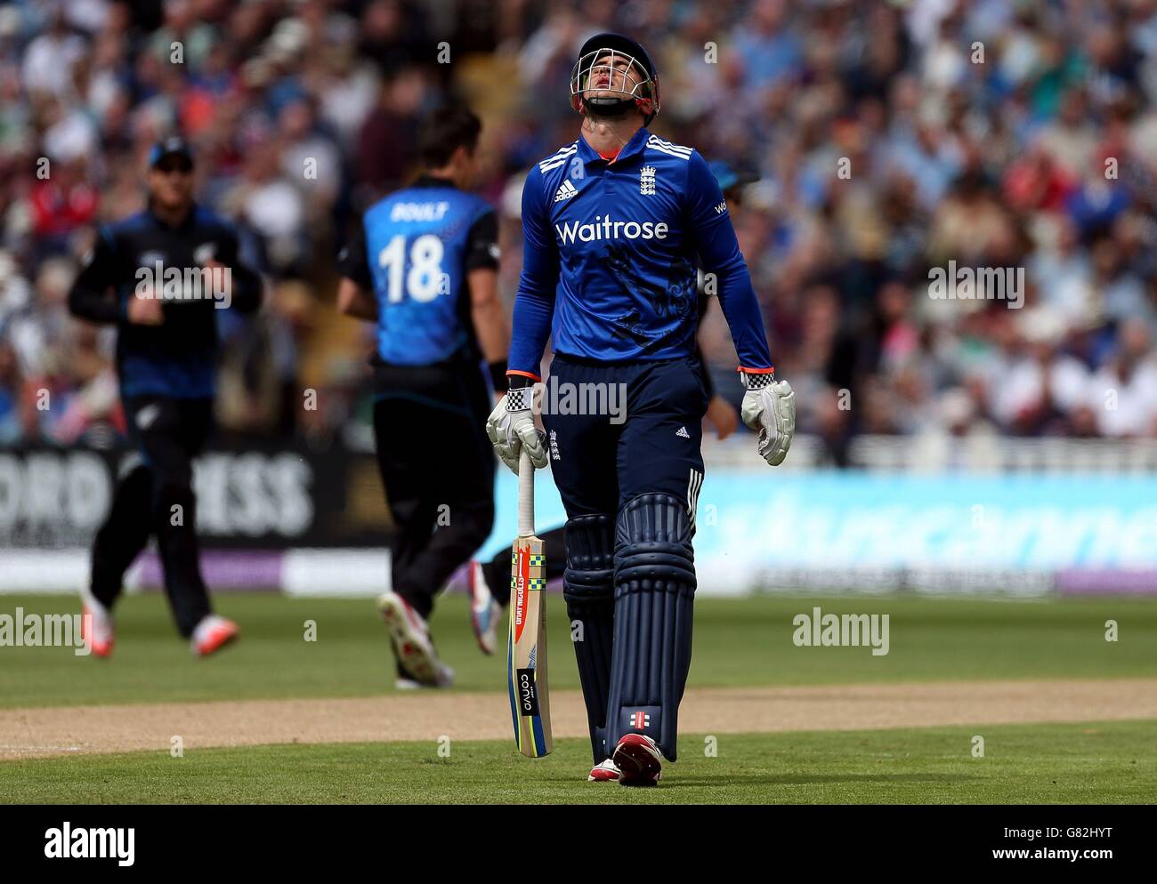 England's Alex Hales skies a catch and is dismissed for 20 during the Royal London One-Day Cup at Edgbaston, Birmingham. Stock Photo