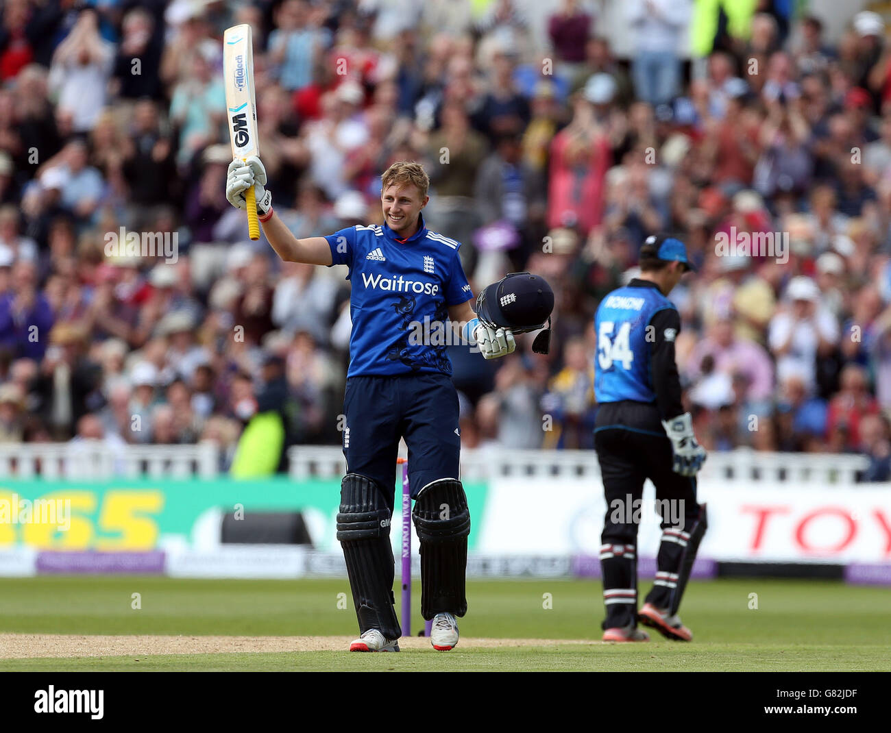 England's Joe Root reaches his century during the Royal London One-Day Cup at Edgbaston, Birmingham. Stock Photo