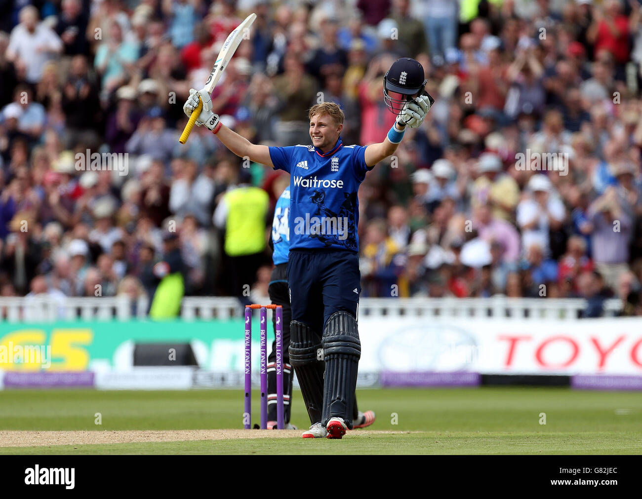 England's Joe Root reaches his century during the Royal London One-Day Cup at Edgbaston, Birmingham. Stock Photo