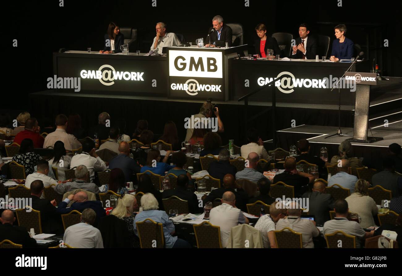 Journalist Kevin Maguire (centre) chairs a Labour leadership contender hustings for delegates, Liz Kendall, Jeremy Corbyn, Yvette Cooper, Andy Burnham and Mary Creagh, at the annual conference of the GMB union in Dublin. Stock Photo