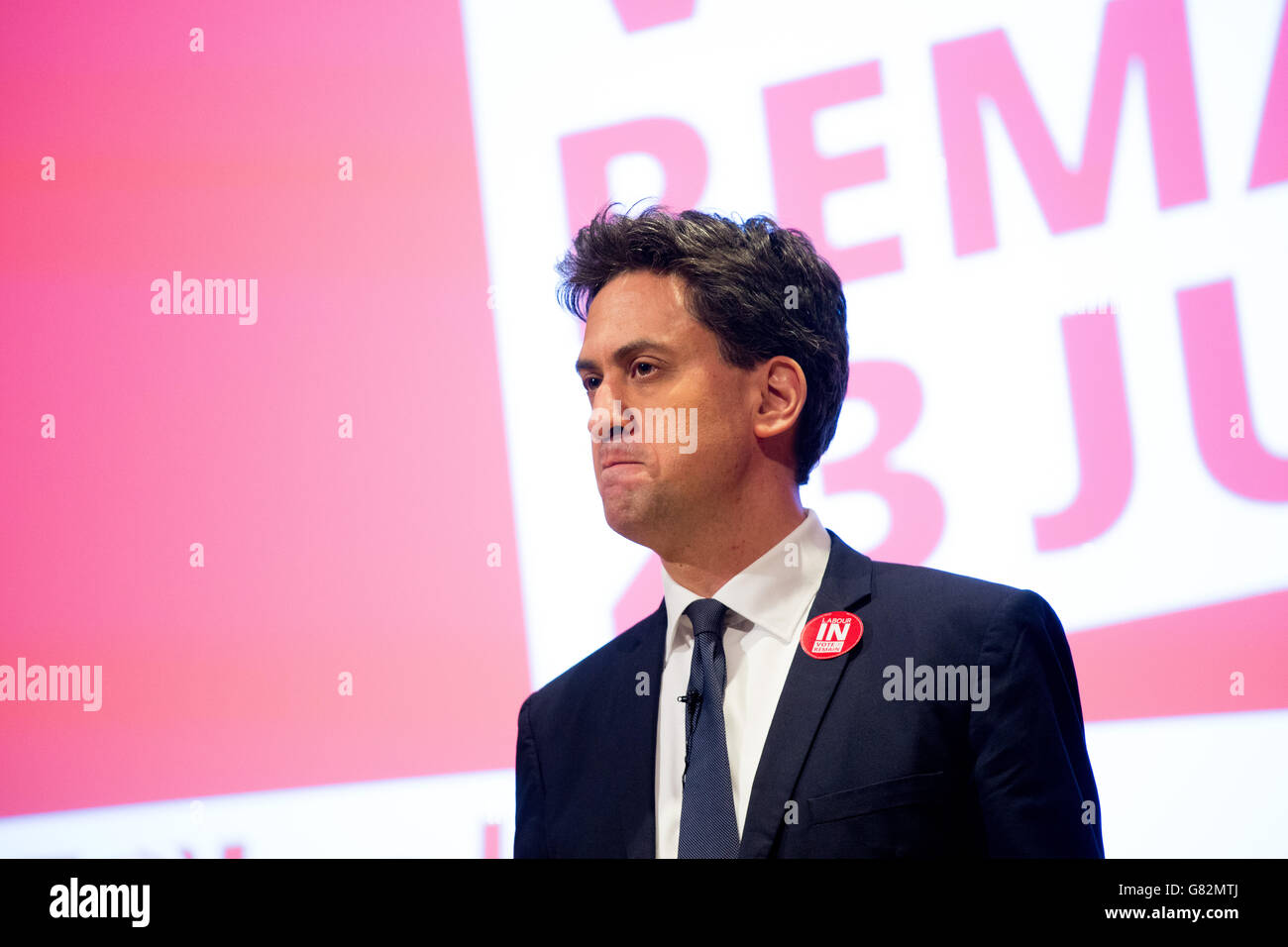 Former leader of the Labour party Ed (Edward) Miliband speaking at a meeting of the Remain party during the Referendum. Stock Photo