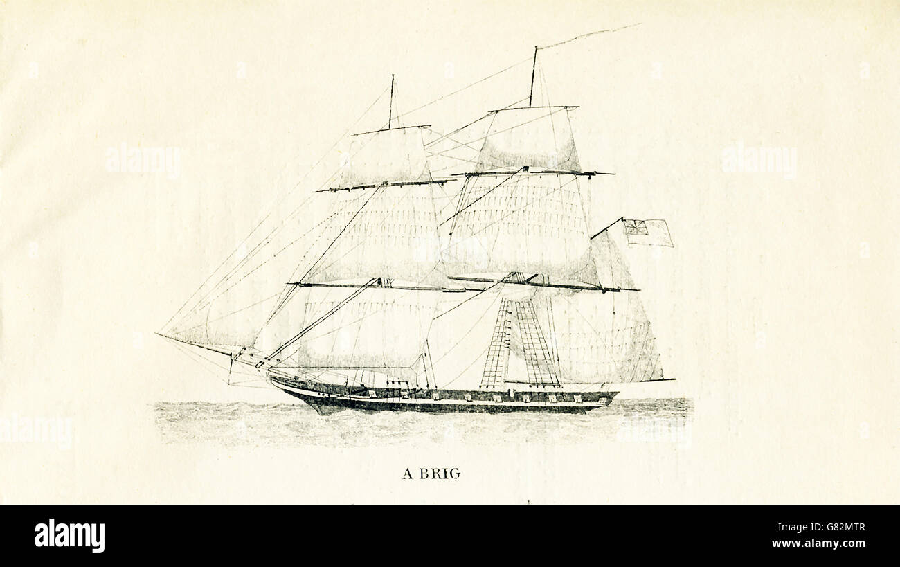Pictured here is a brig. The illustration dates to the 1800s Stock