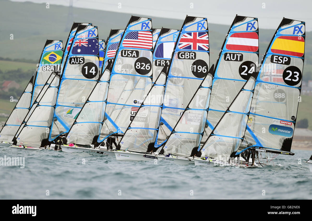 The start of the Women's 49er FX Skiff during day six of the ISAF Sailing World Cup at Weymouth. Stock Photo