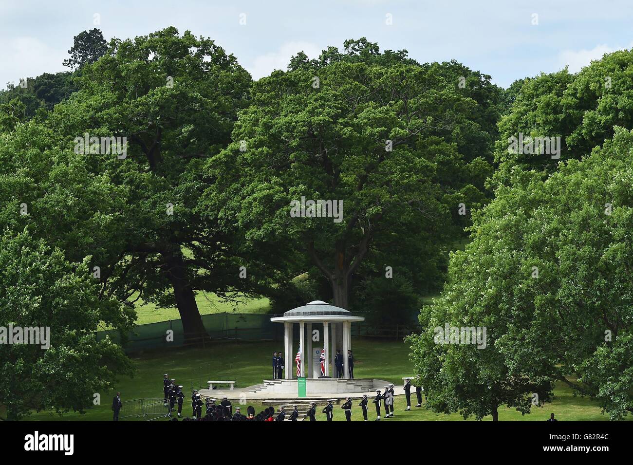 The Magna Carta memorial is seen during a service to mark the 800th anniversary of Magna Carta in Runnymede, near Egham, Surrey. Stock Photo