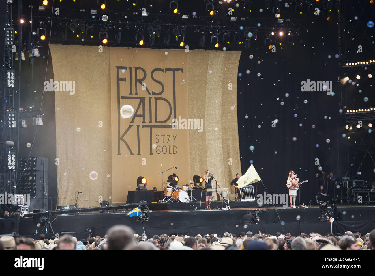 General view of the main stage during First Aid Kit's set on day 4 of the Isle of Wight Festival 2015, Seaclose Park, Isle of Wight Stock Photo