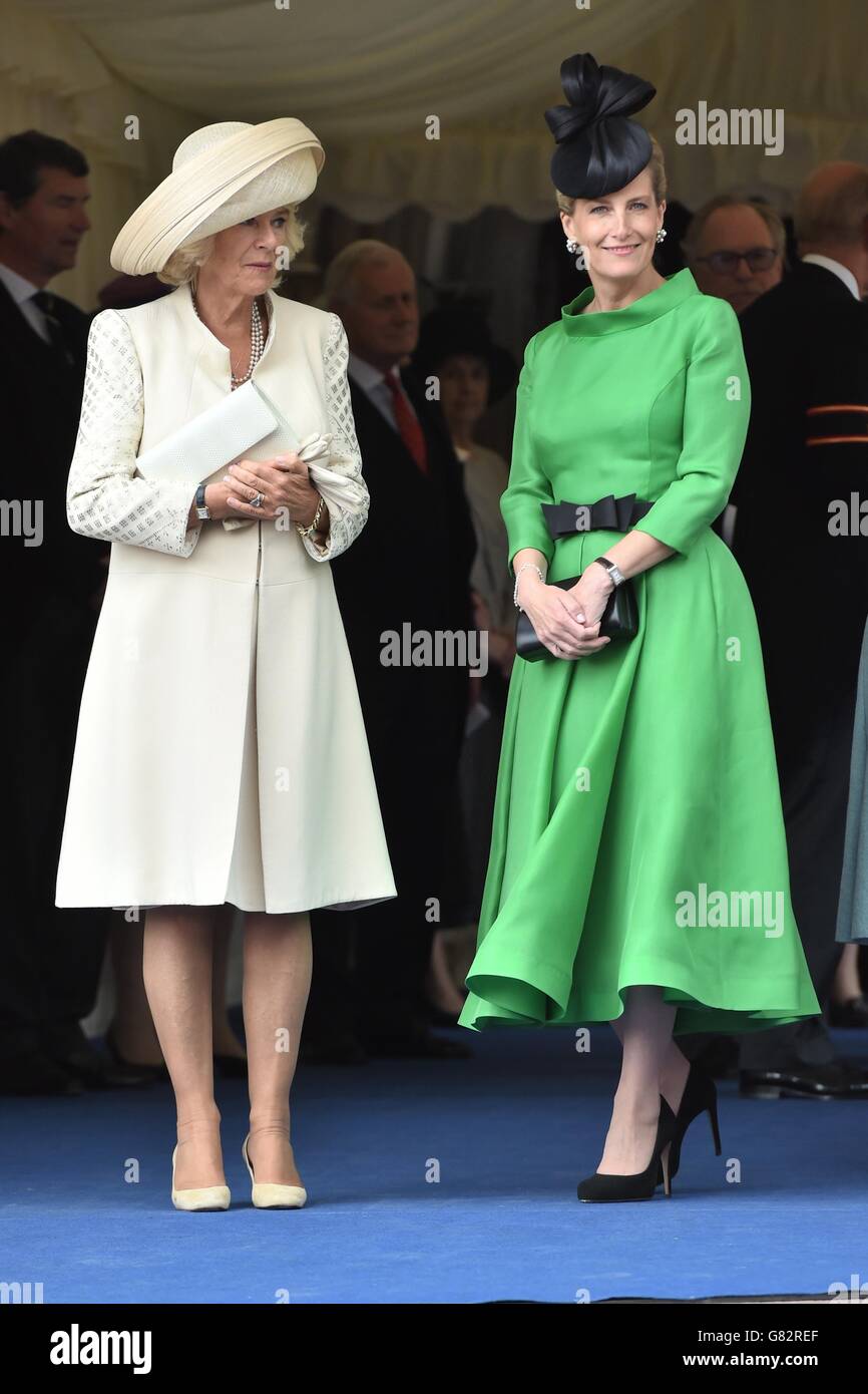 The Duchess of Cornwall (left) and the Countess of Wessex attend the annual Order of the Garter Service at St George's Chapel, Windsor Castle. Stock Photo