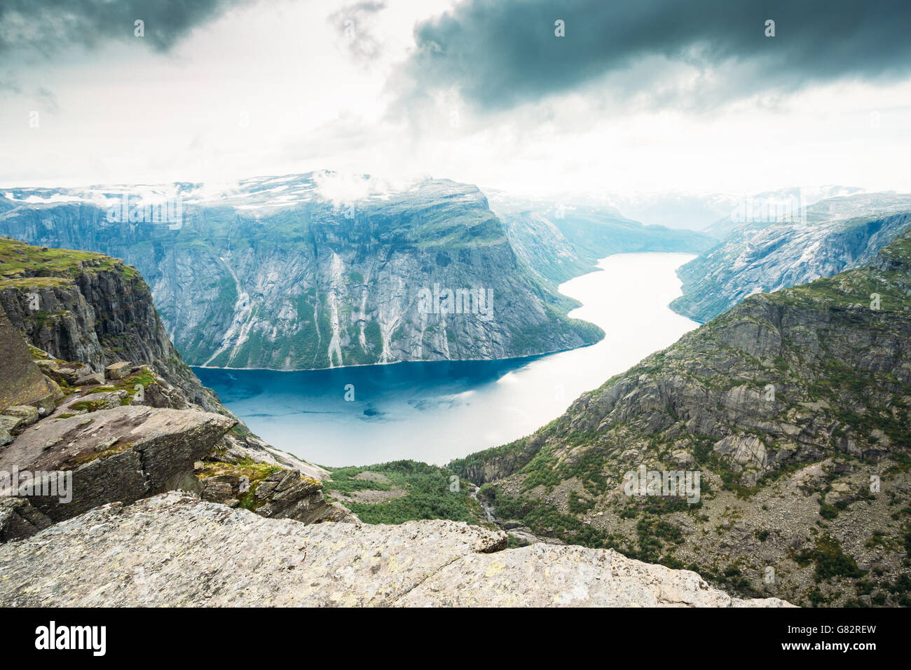 Scenic View From Rock Trolltunga - Troll Tongue In Norway Stock Photo ...