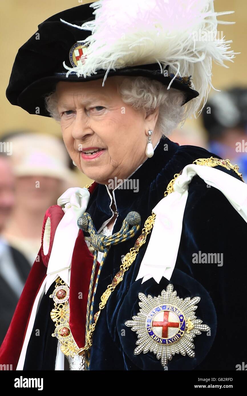 Queen Elizabeth II attends the annual Order of the Garter Service at St George's Chapel, Windsor Castle. Stock Photo