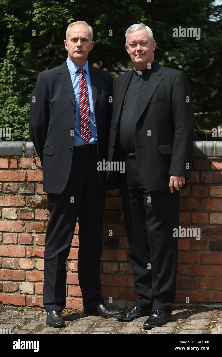 Canon Jeremy Pemberton (right) with his husband Laurence Cunnington outside the Nottingham Justice Centre, where he argued during his employment tribunal that the Church of England unlawfully revoked his permission to officiate after he was refused a licence to work as a hospital chaplain by the then acting bishop of Southwell and Nottingham Right Reverend Richard Inwood. Stock Photo