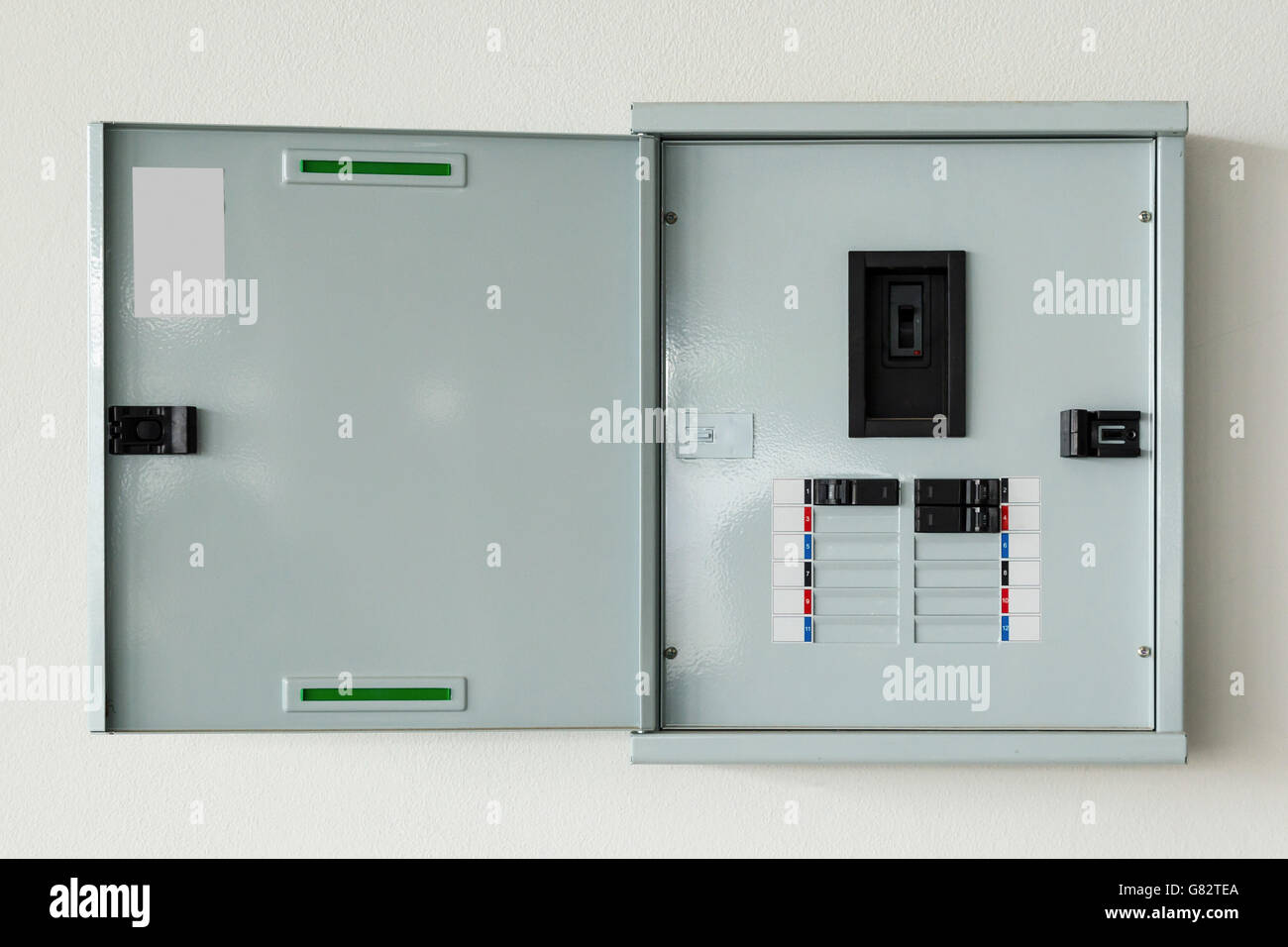 close up control box open on wall at home Stock Photo