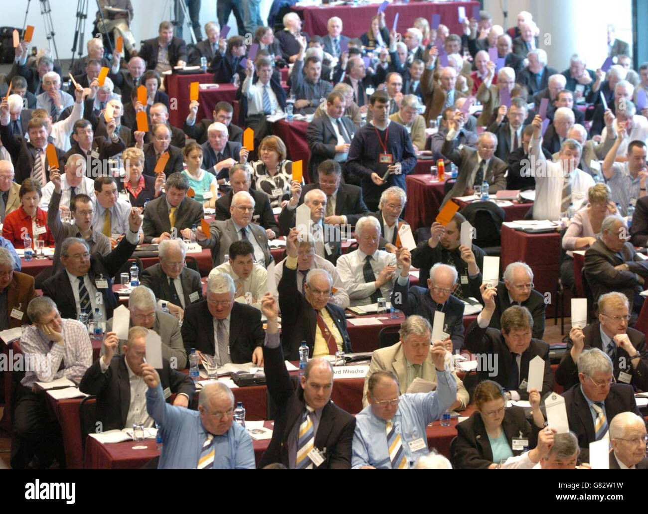 Members of the Gaelic Athletic Association's annual general meeting voting on a point. Stock Photo