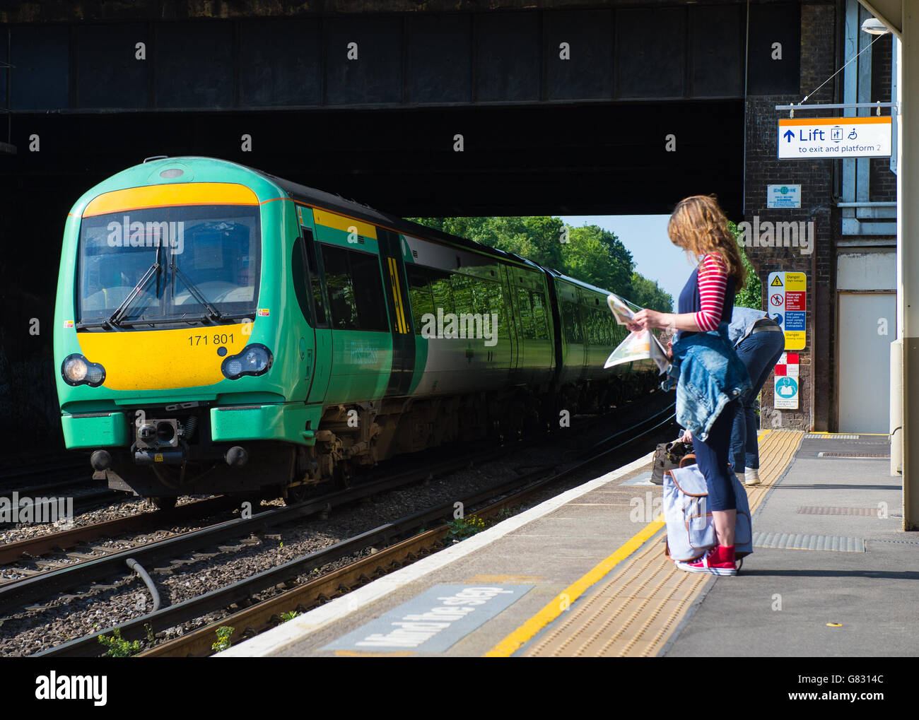A Southern rail train at Honor Oak Park station, in London. Stock Photo