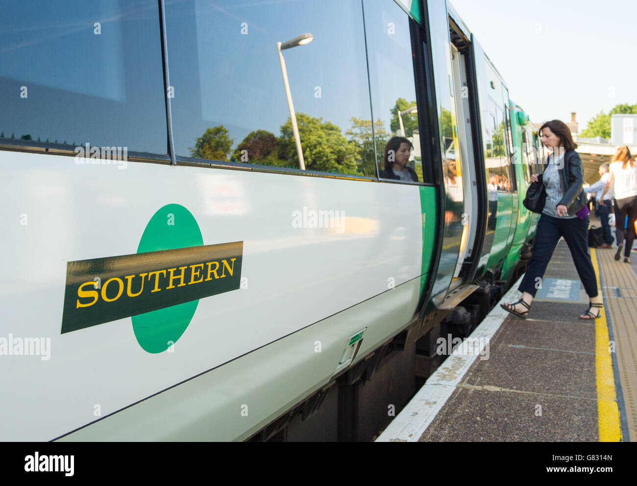 A Southern rail train at Honor Oak Park station, in London. Stock Photo