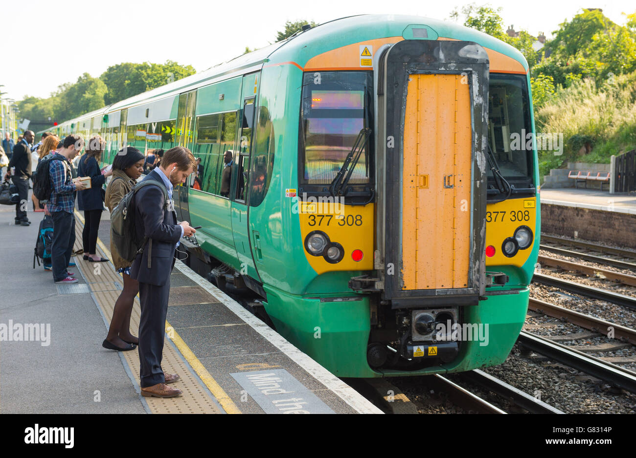 Railway stock. A Southern rail train at Honor Oak Park station, in London. Stock Photo