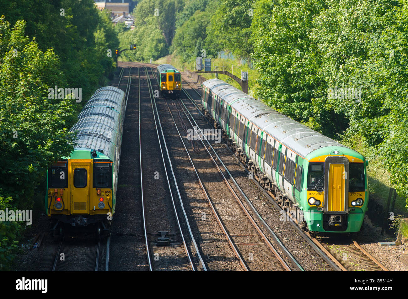 Southern rail trains at Honor Oak Park station, in London. Stock Photo