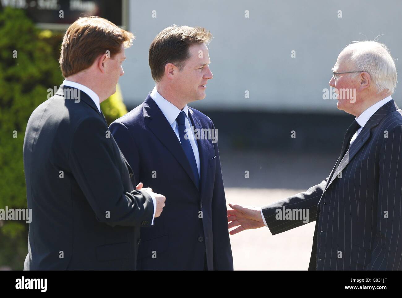 (From the left) Danny Alexander, Nick Clegg and Sir Menzies Campbell arrive at St John the Evangelist church near Fort William in Scotland, for the funeral of former Liberal Democrat leader Charles Kennedy. Stock Photo