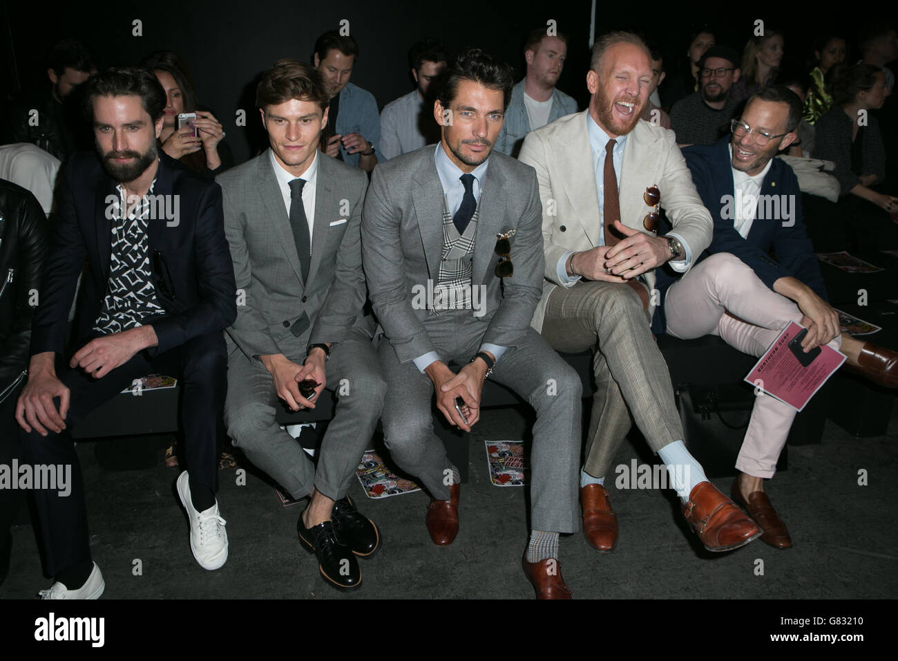 (From the left) Jack Guinness, Oliver Cheshire and David Gandy attend the Topman Design show during the British Fashion Council's London Collections: Men at the Old Sorting Office in London. Stock Photo