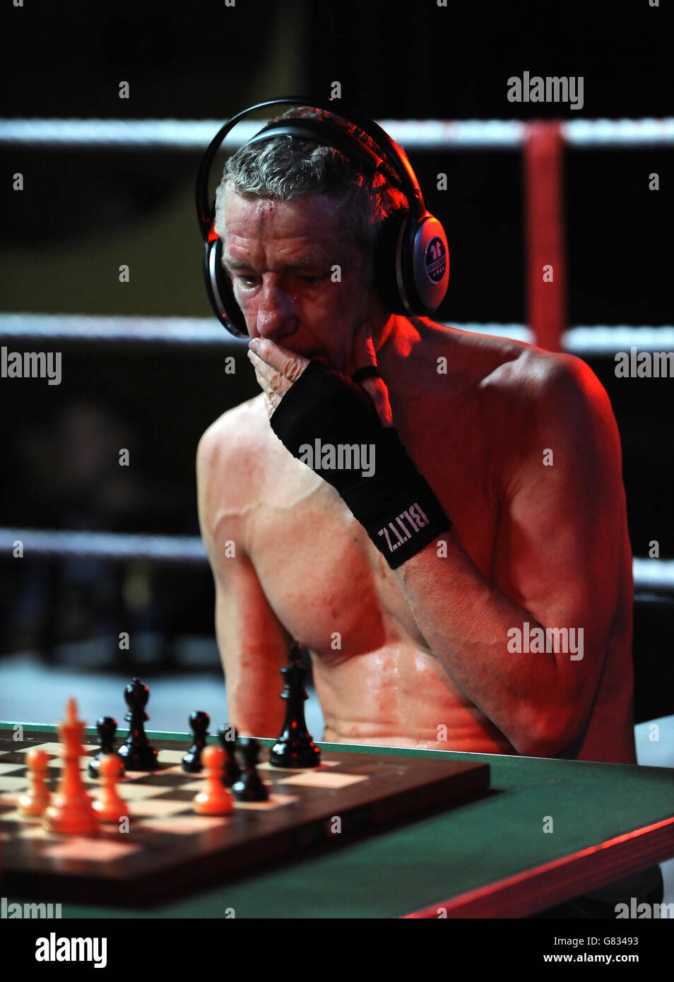 Terry Marsh contemplates his next chess move during his match against Dymer Agasaryan at Scala, London Stock Photo