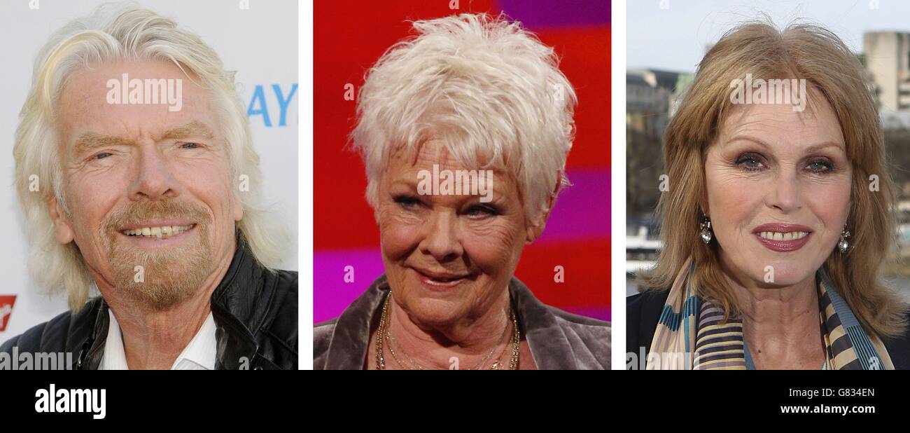 File photos of (from the left) Sir Richard Branson, Dame Judi Dench and Joanna Lumley. Stock Photo