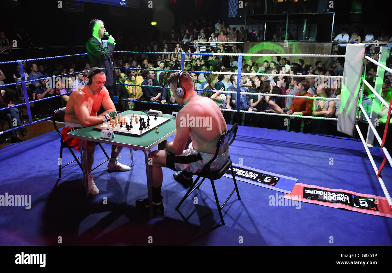 Karl Ouch (right) and Ion Citu play a round of chess during their bout at Scala, London Stock Photo
