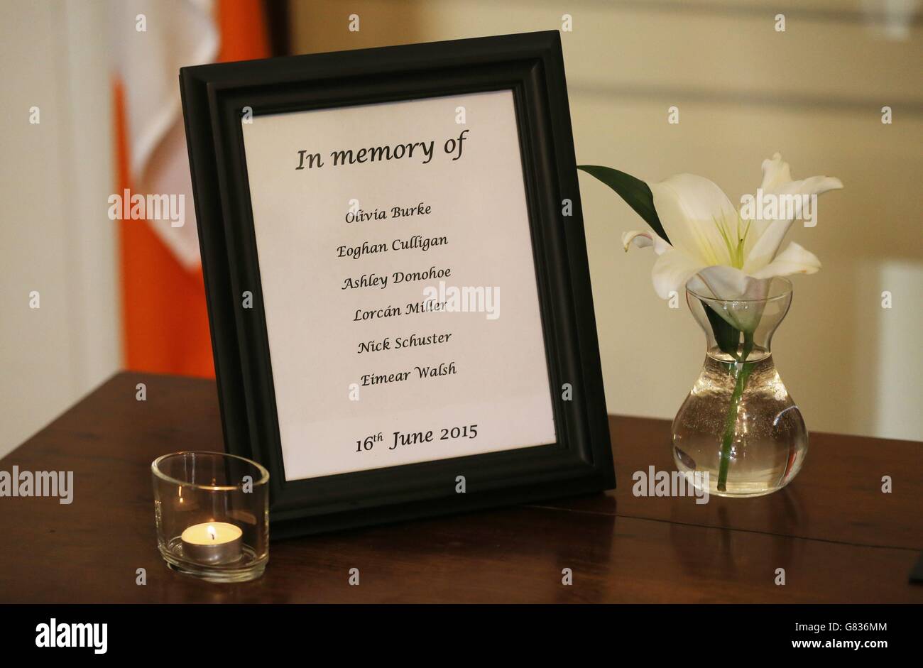 A list of the names of the victims beside a book of condolence at Mansion House in Dublin opened in memory of those killed in the Berkeley balcony collapse. Stock Photo