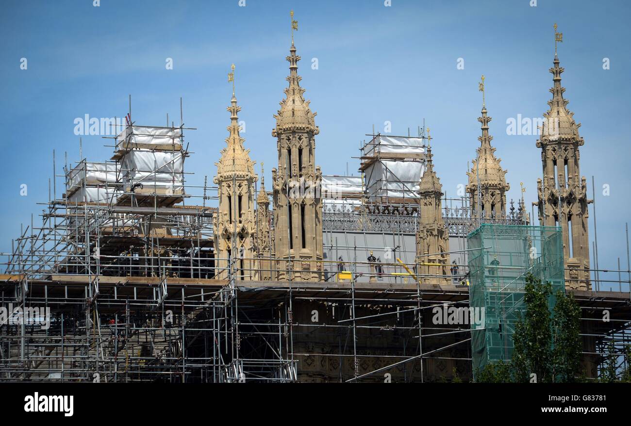 Scaffolding on the Houses of Parliament in London, as a report suggests that the taxpayer faces a bill of up to &pound;7.1 billion to stop the Palace of Westminster falling down unless MPs and peers agree to move out. Stock Photo