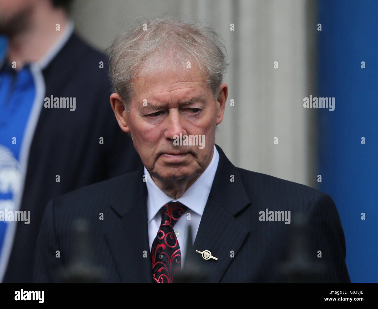 GAA commentator Micheal O Muircheartaigh attends the funeral of Niccolai Schuster at The Church of the Three Patrons in Rathgar, Dublin. Stock Photo