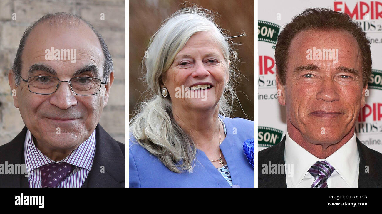 File photos of (from the left) David Suchet, Ann Widdecombe and Arnold Schwarzenegger. Stock Photo
